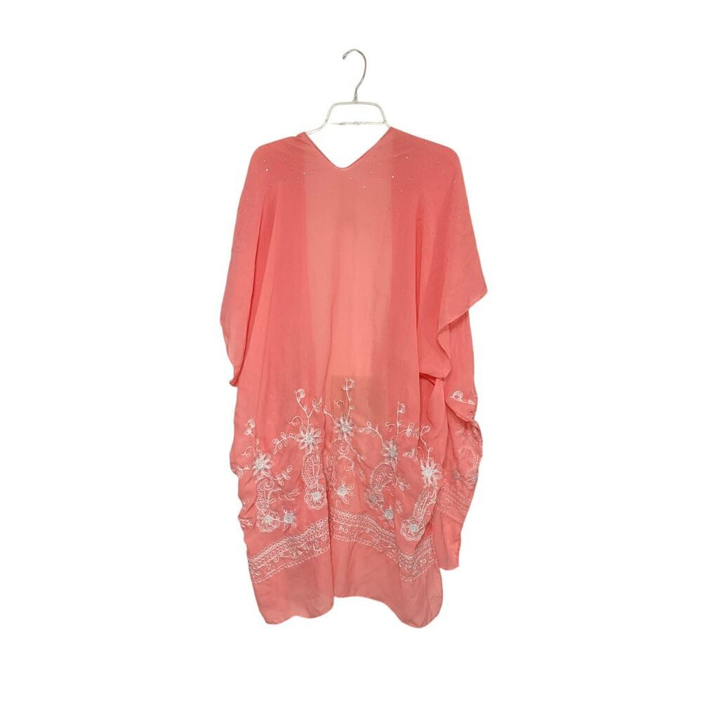 Jessica McClintock Floral Kimono Top Women OS Pink Embroidered Boho Cottage - Picture 2 of 8
